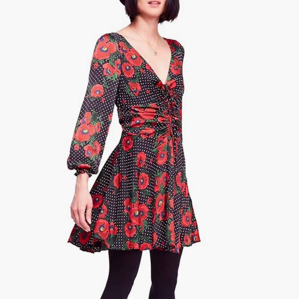 Free People Women's Morning Light Floral Print Ruched Casual Dress Mini Size 0